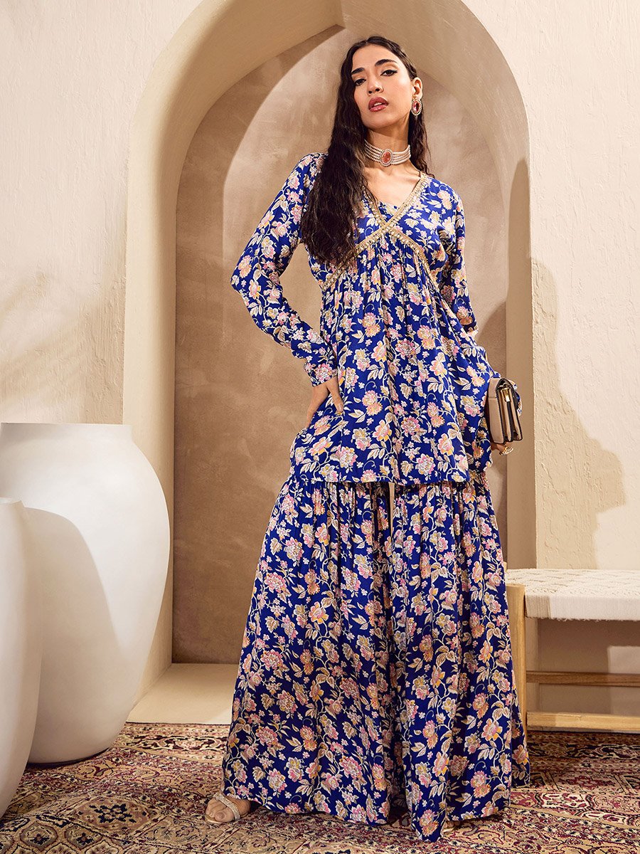 Blue Floral Cambric Peplum Top with Sharara Pants Co-Ords