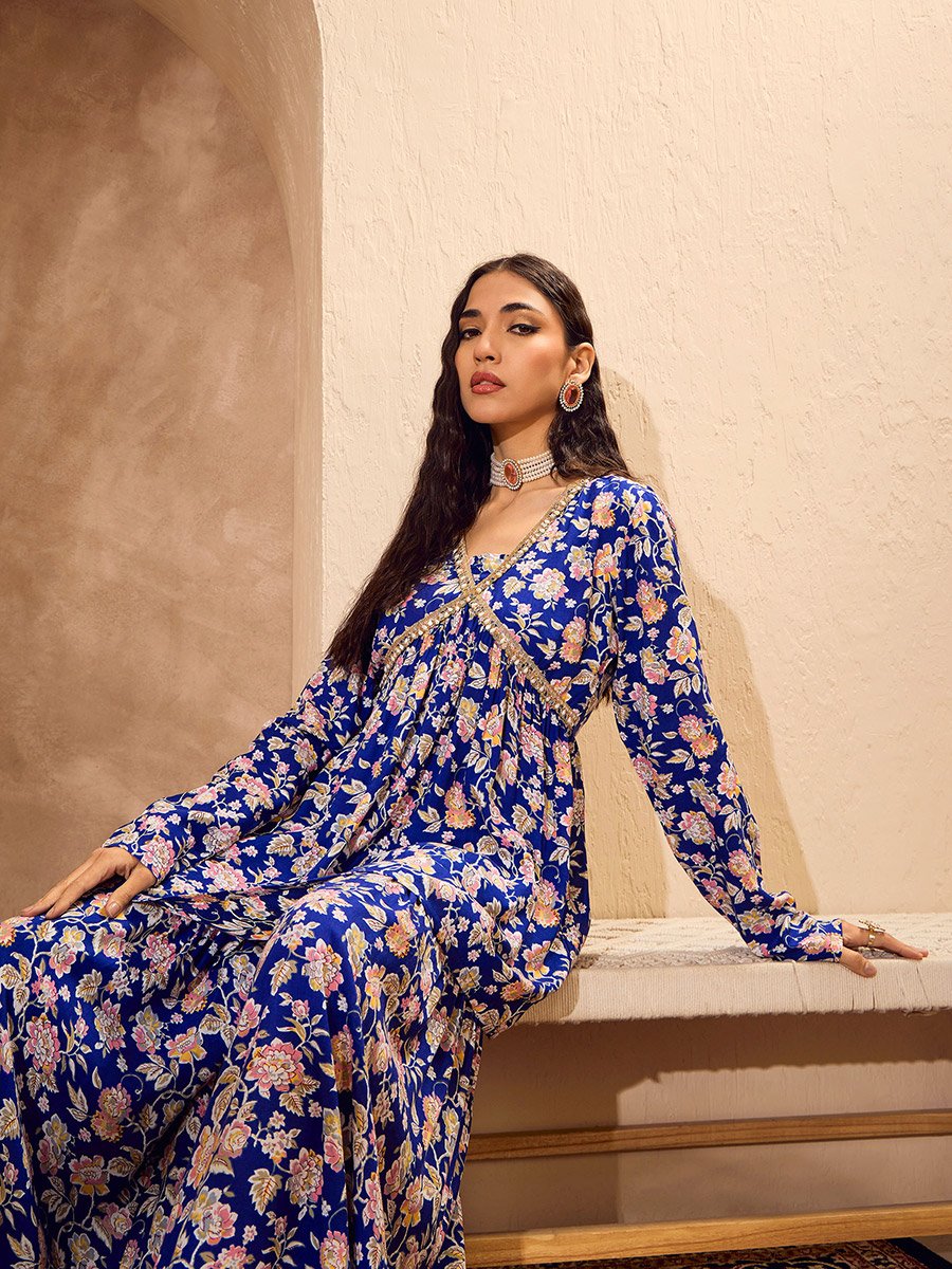 Blue Floral Cambric Peplum Top with Sharara Pants Co-Ords