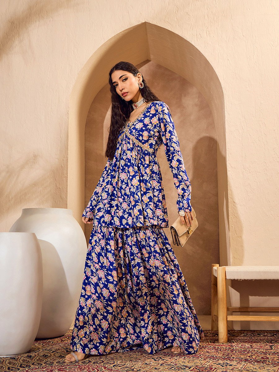 Blue Floral Cambric Peplum Top with Sharara Pants Co-Ords