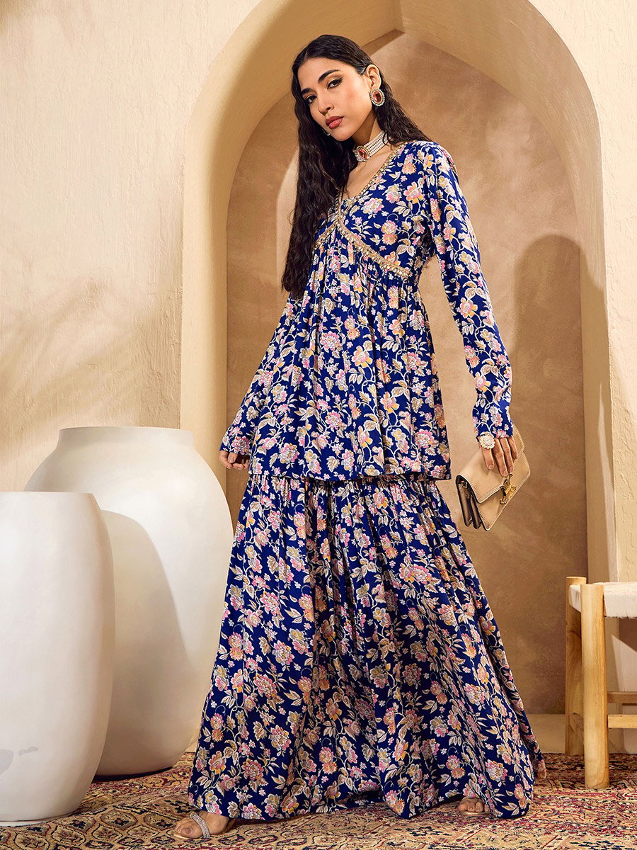 Blue Floral Cambric Peplum Top with Sharara Pants Co-Ords