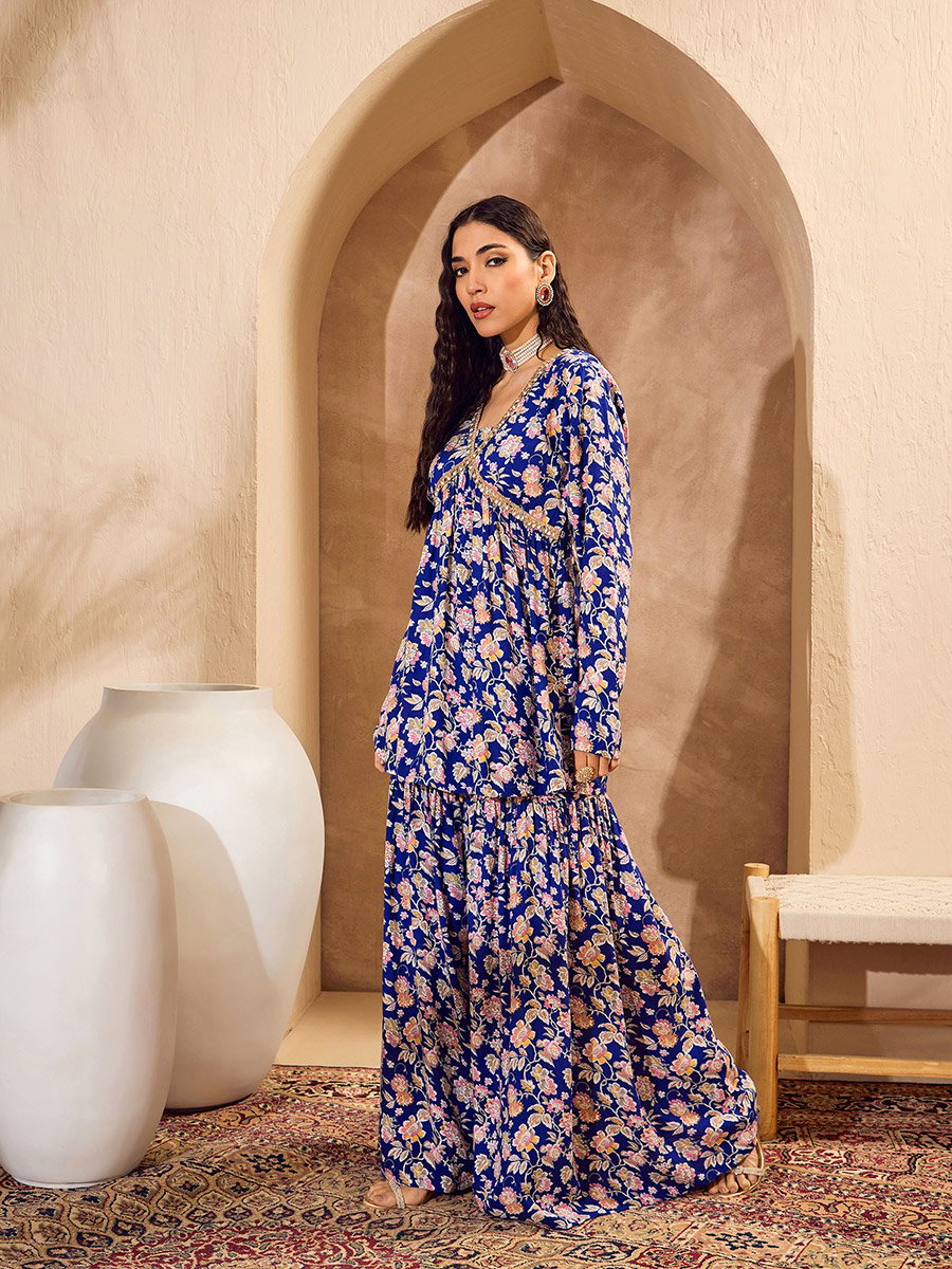 Blue Floral Cambric Peplum Top with Sharara Pants Co-Ords