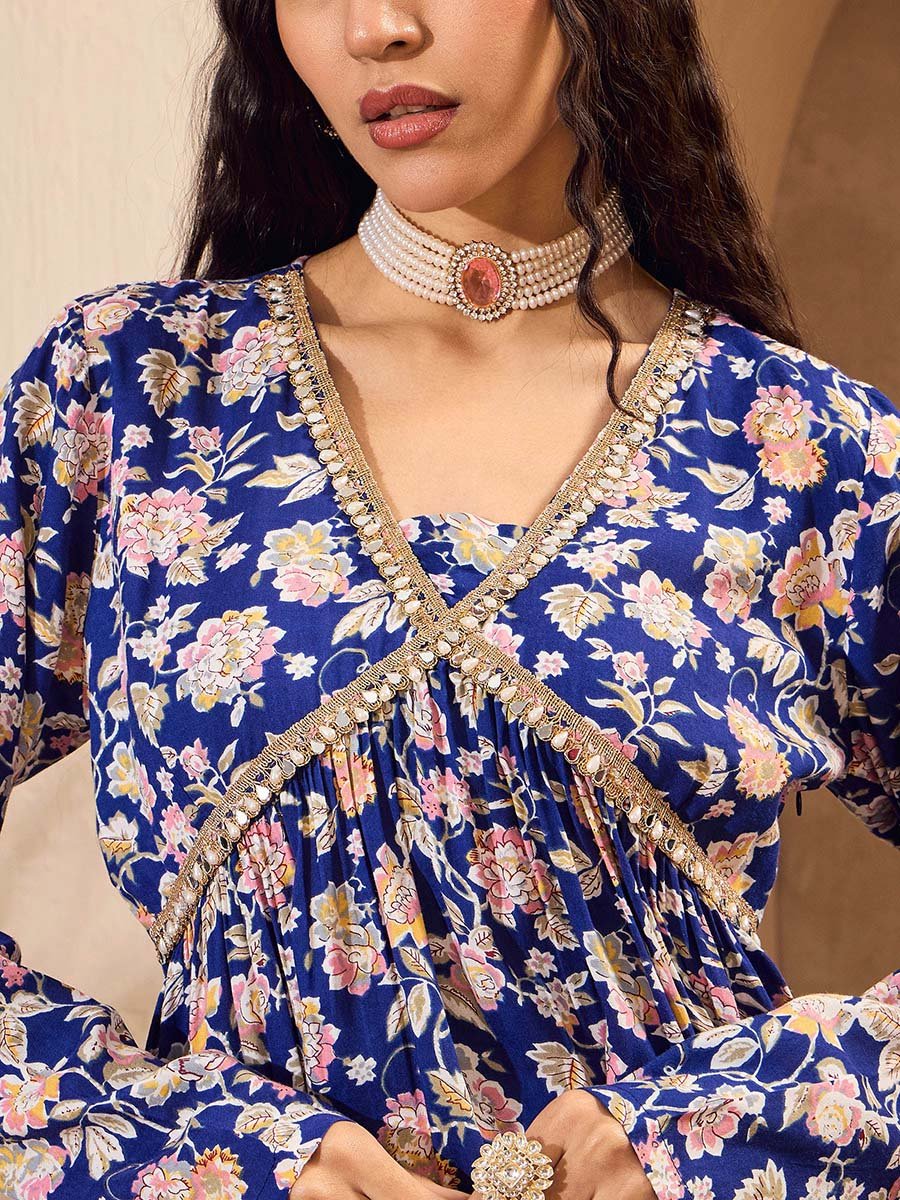 Blue Floral Cambric Peplum Top with Sharara Pants Co-Ords
