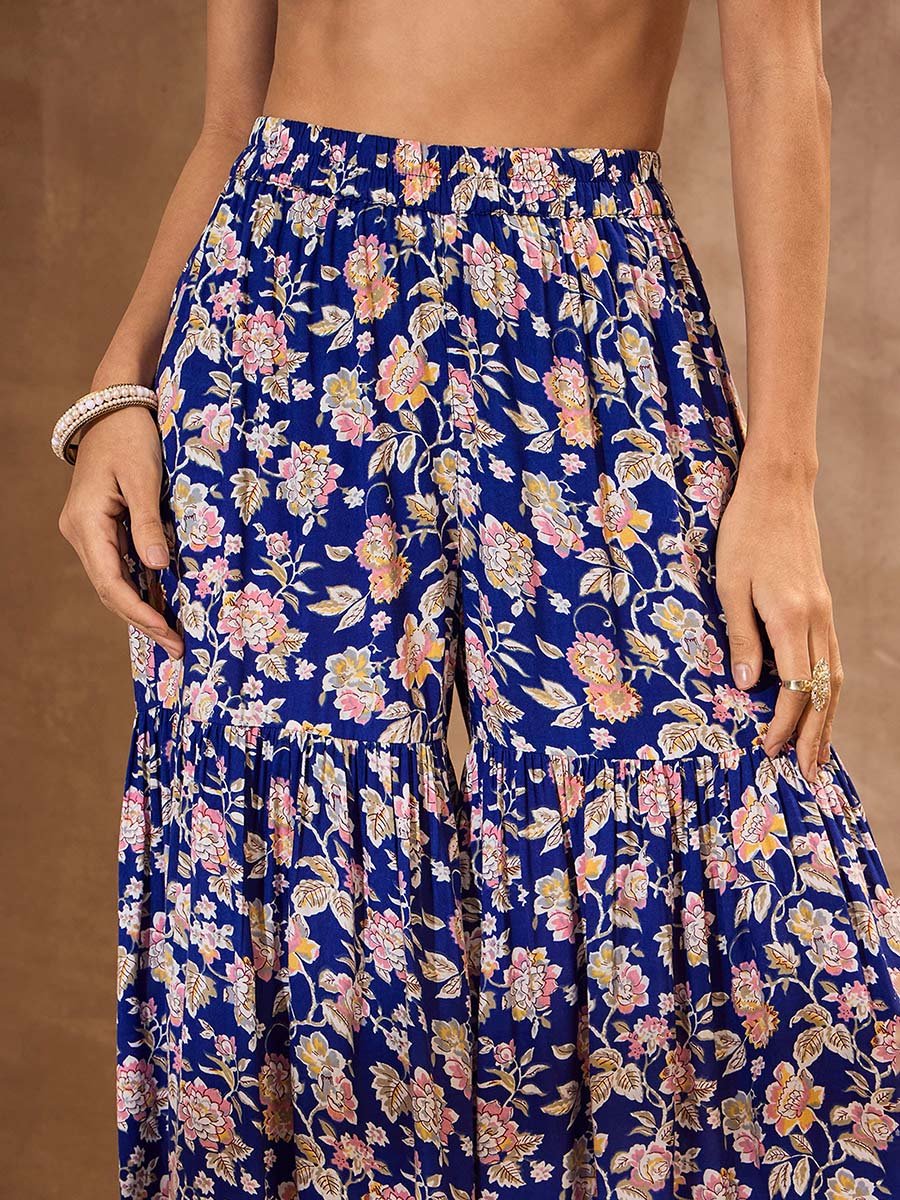 Blue Floral Cambric Peplum Top with Sharara Pants Co-Ords