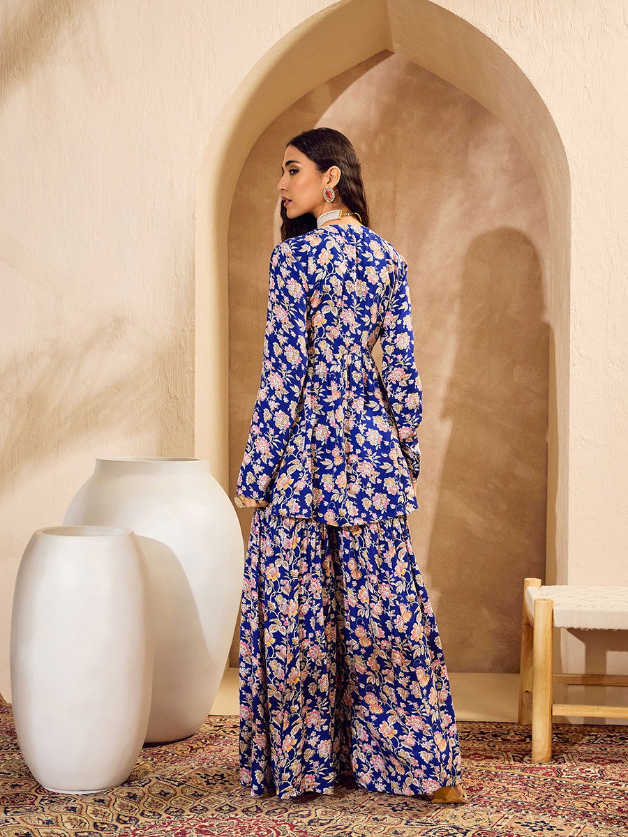 Blue Floral Cambric Peplum Top with Sharara Pants Co-Ords
