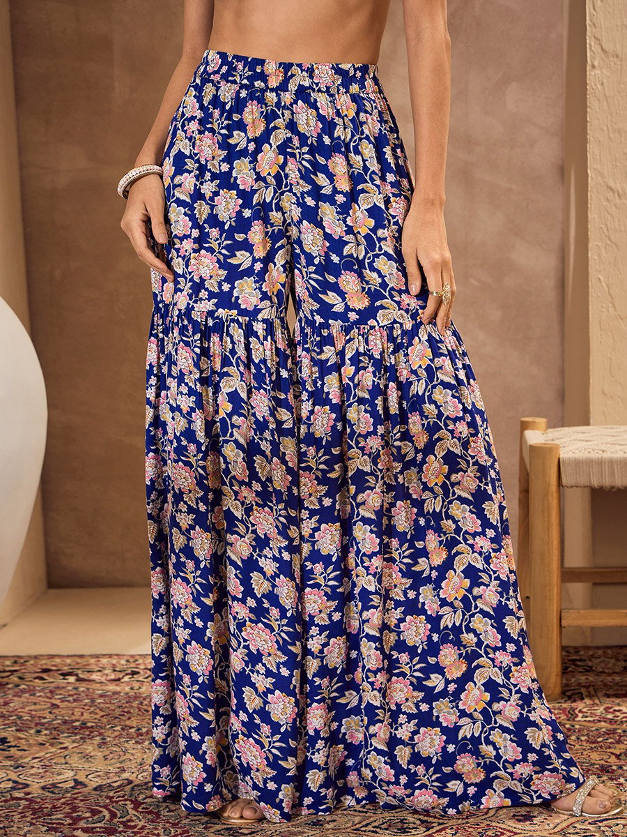 Blue Floral Cambric Peplum Top with Sharara Pants Co-Ords