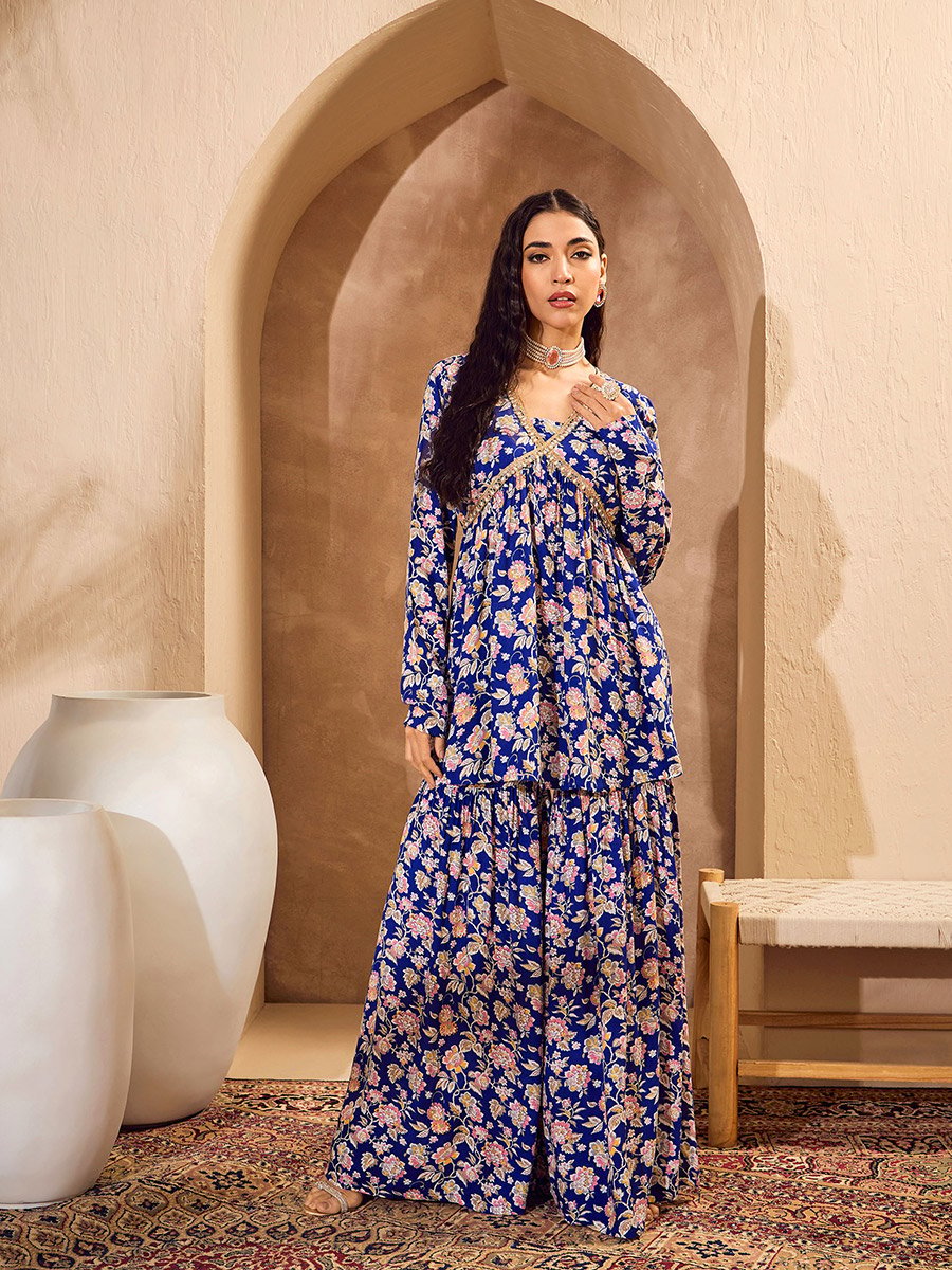 Blue Floral Cambric Peplum Top with Sharara Pants Co-Ords