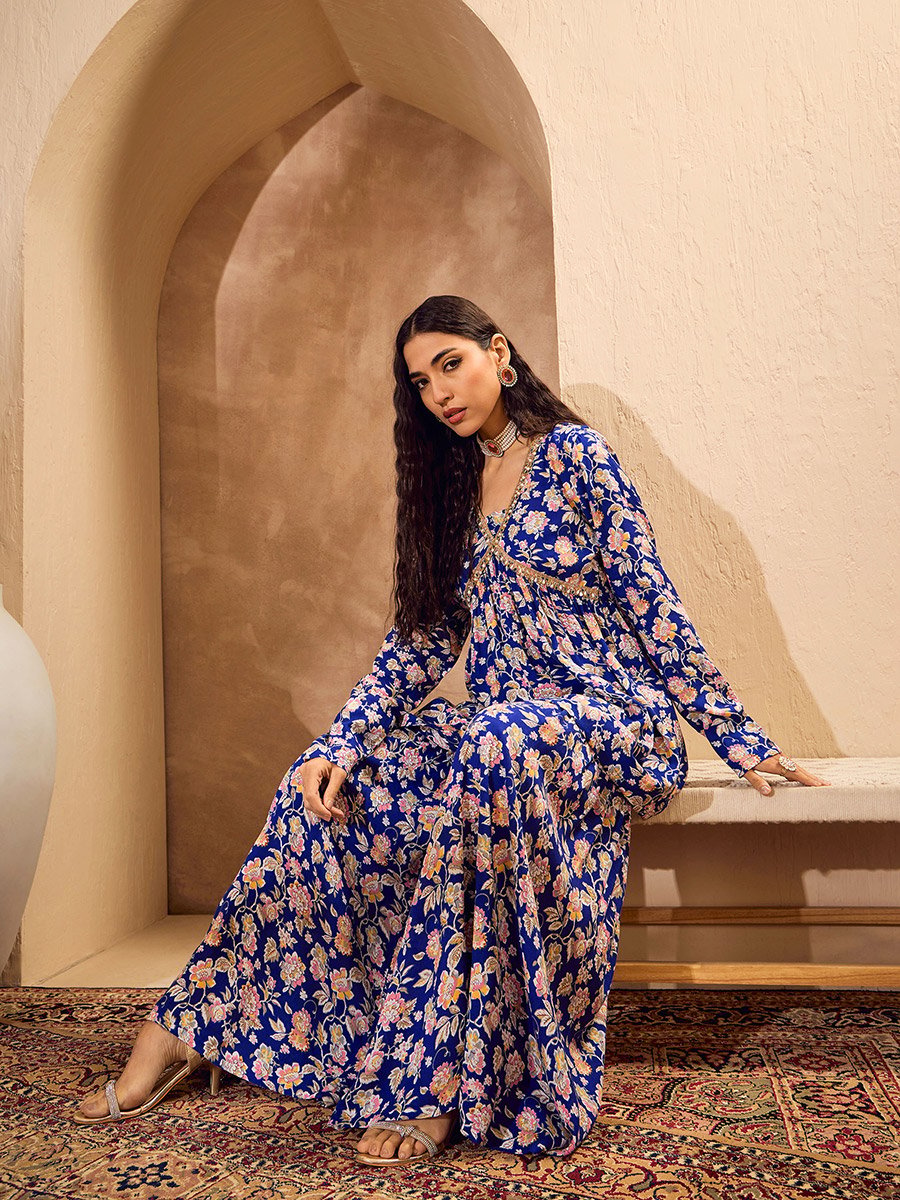 Blue Floral Cambric Peplum Top with Sharara Pants Co-Ords