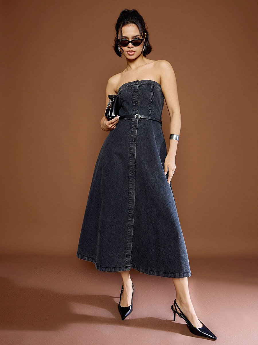 denim bandeau midi dress Self-Portrait Women's Bandeau Denim A-Line Midi-Dress - Blue