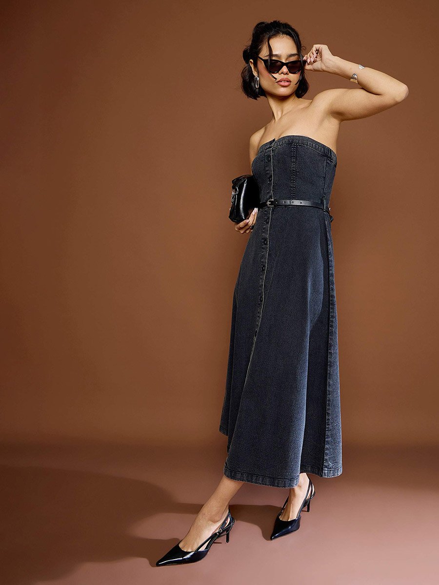 Black Washed Denim Bandeau Neck Midi Dress