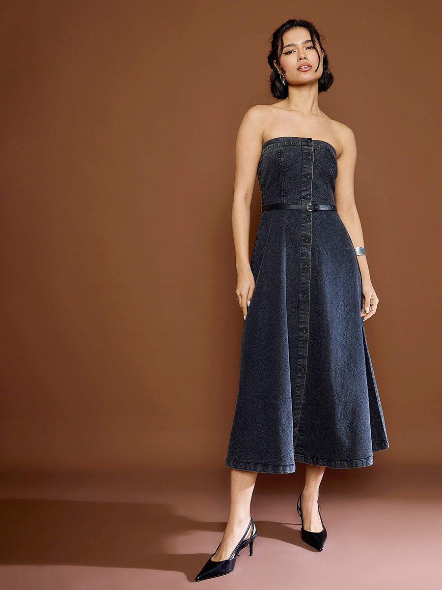 Black Washed Denim Bandeau Neck Midi Dress