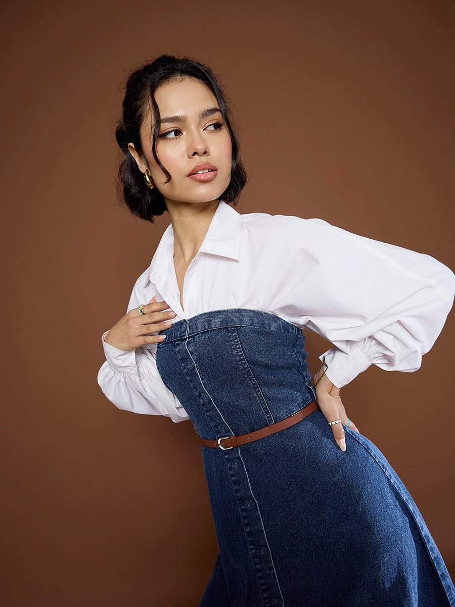 Blue Washed Denim Midi Dress