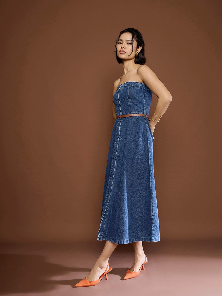 Blue Washed Denim Midi Dress