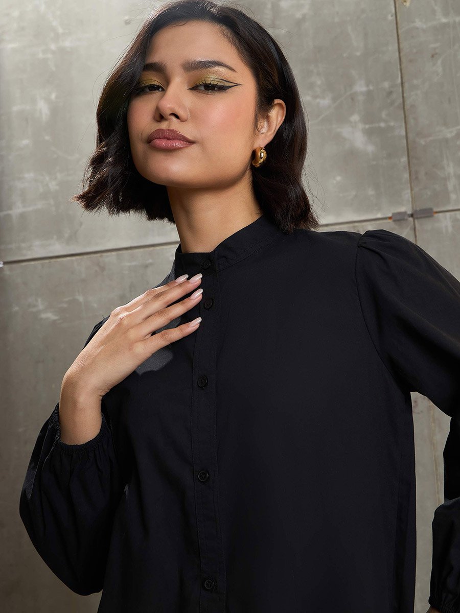 Black Poplin Frill Hem Mini Dress For Women at Bahrain | Styli