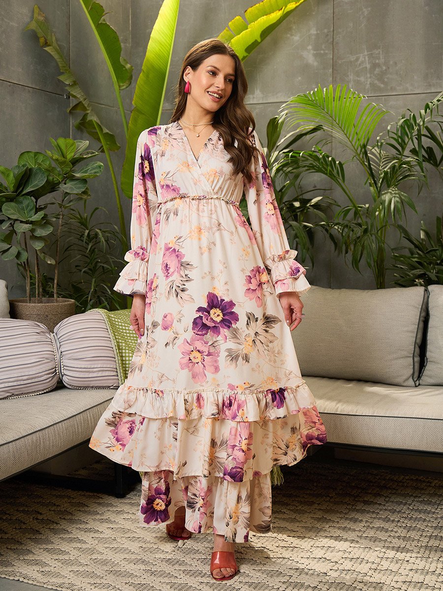 Off White Floral Layered Maxi Dress