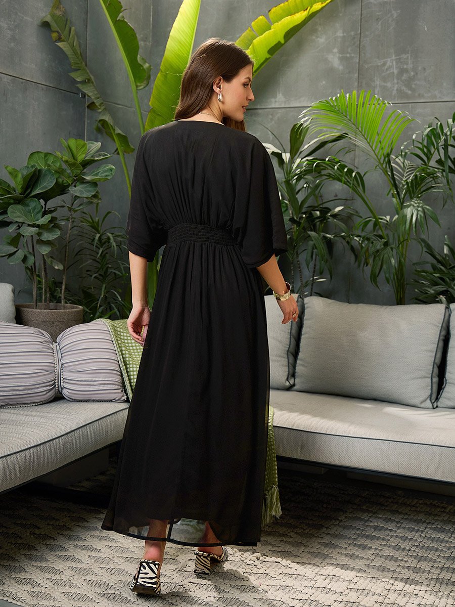 Black Solid Kimono Sleeve Maxi Dress For Women at UAE | Styli