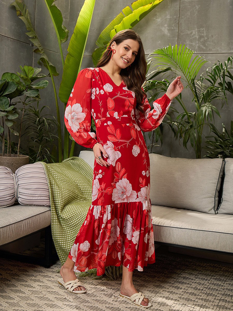 Red Floral Print Balloon Sleeve Midi Dress For Women at UAE | Styli Red Floral Print Balloon Sleeve Midi Dress For Women at UAE | Styli
