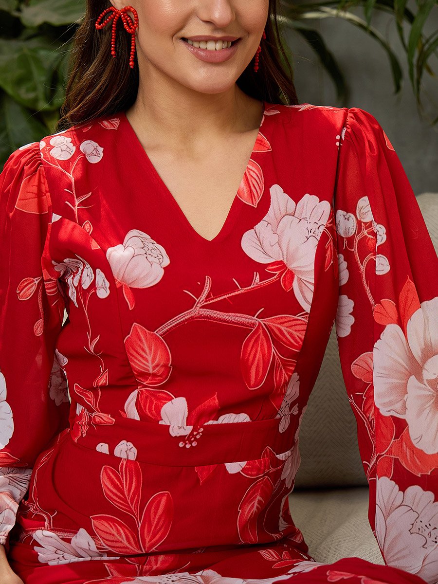 Red Floral Print Balloon Sleeve Midi Dress For Women at UAE | Styli Red Floral Print Balloon Sleeve Midi Dress For Women at UAE | Styli