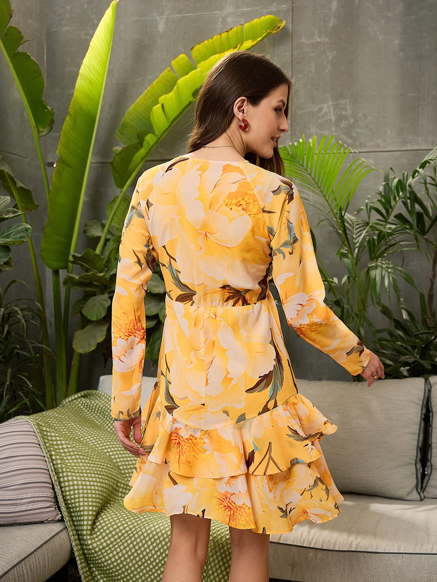 Yellow Floral Frill Hem Mini Dress