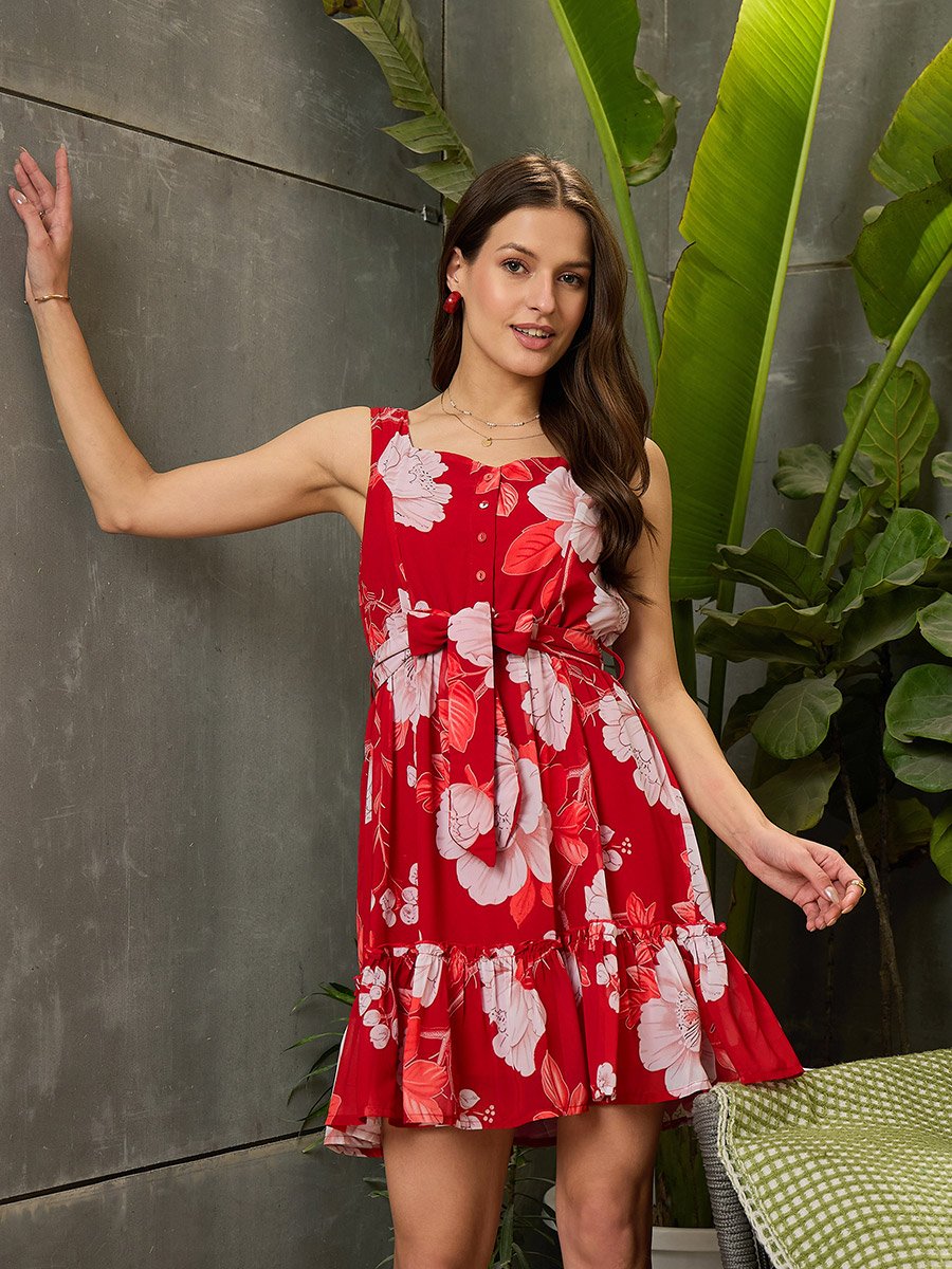Red Sweetheart Neck Mini Dress For Women at Bahrain | Styli