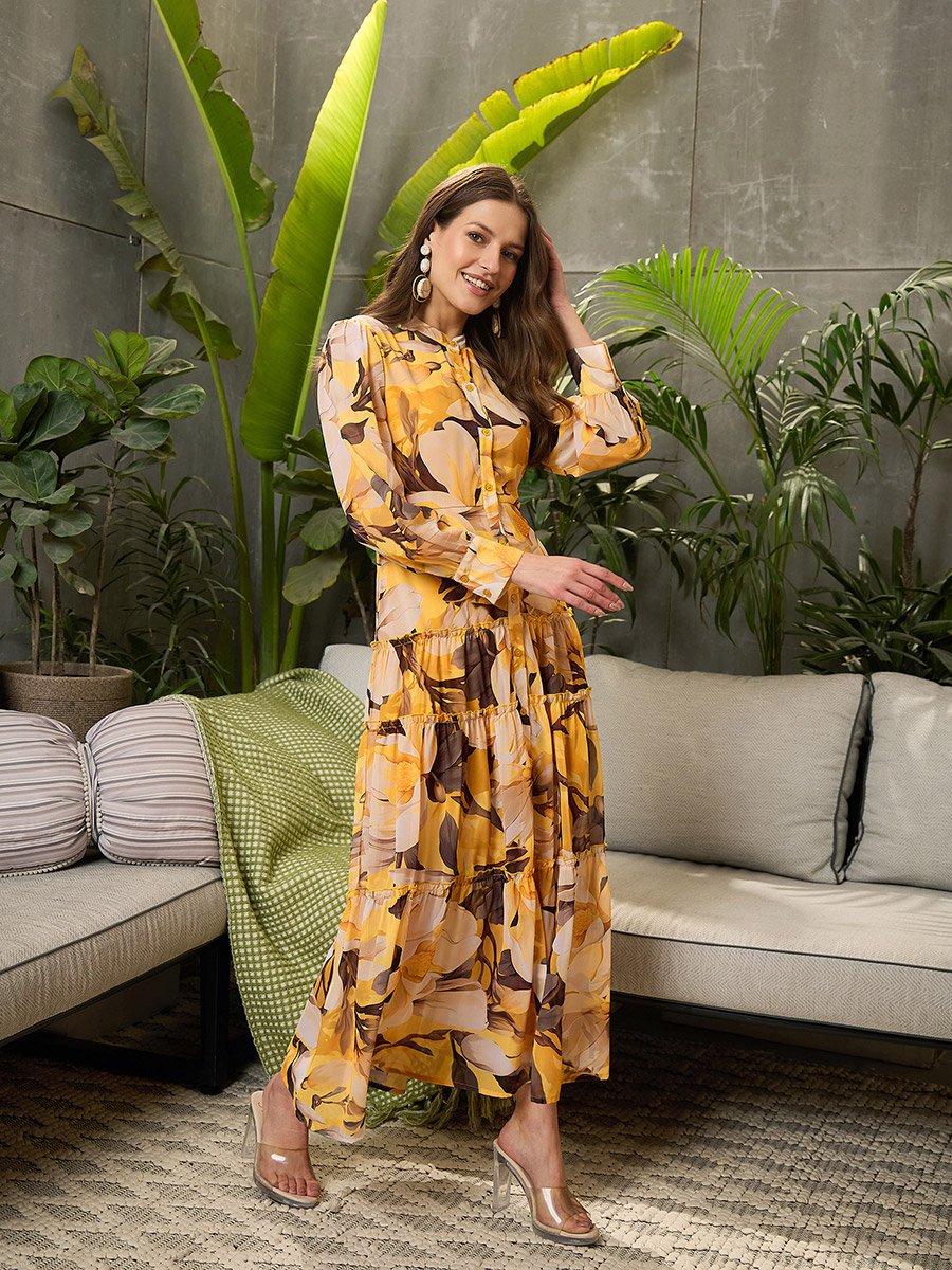 Yellow Floral Front Button Placket Maxi Dress