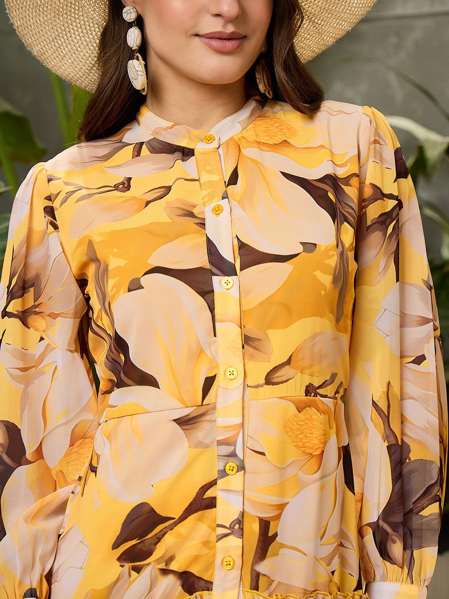 Yellow Floral Front Button Placket Maxi Dress