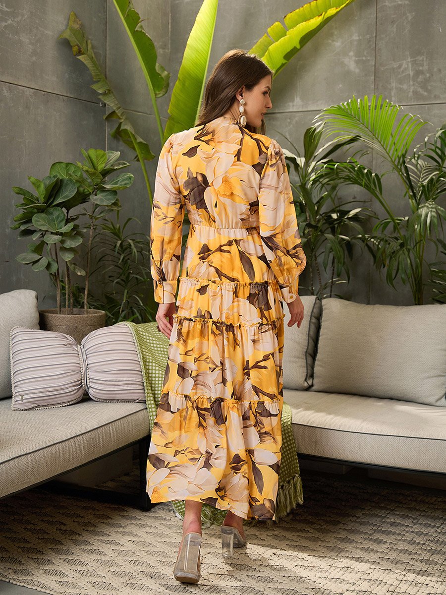 Yellow Floral Front Button Placket Maxi Dress