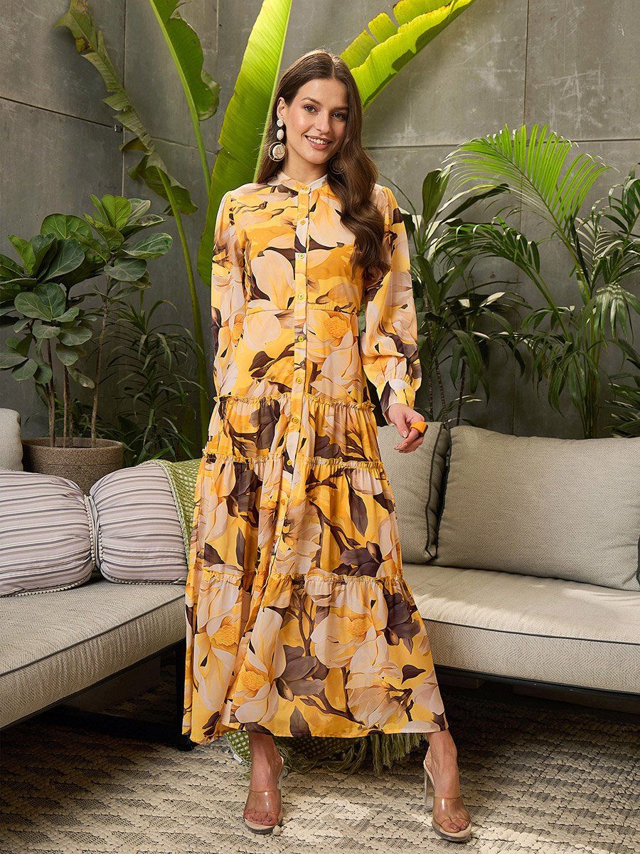 Yellow Floral Front Button Placket Maxi Dress