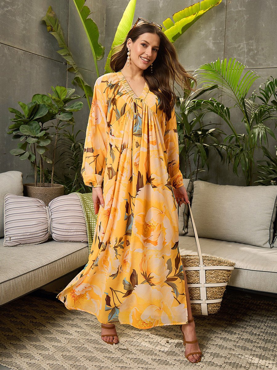 Yellow Elasticated V Neck Maxi Dress For Women at UAE | Styli