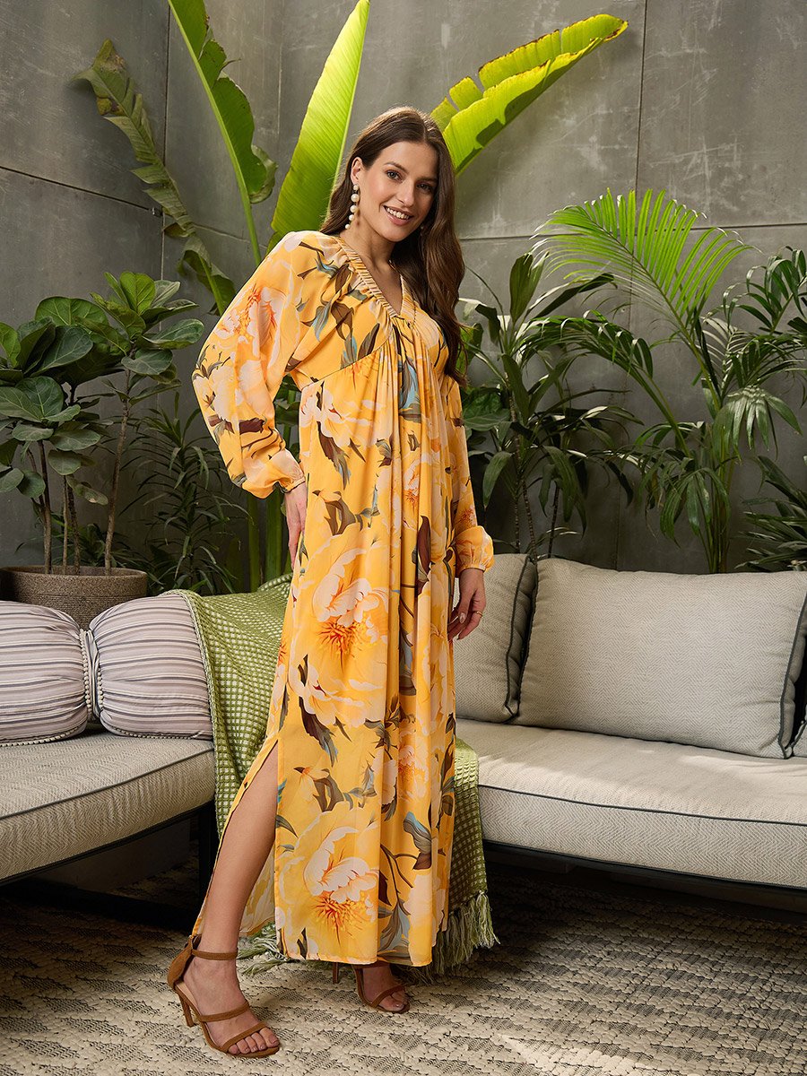 Yellow Elasticated V Neck Maxi Dress
