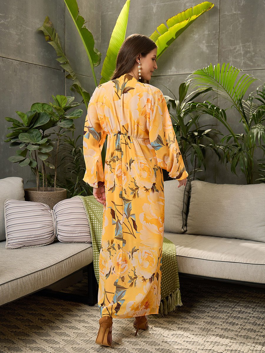 Yellow Elasticated V Neck Maxi Dress