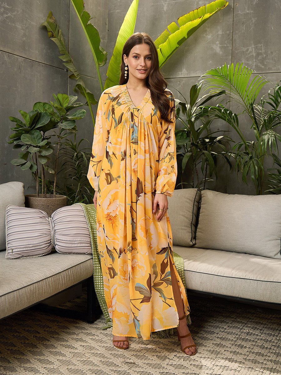 Yellow Elasticated V Neck Maxi Dress