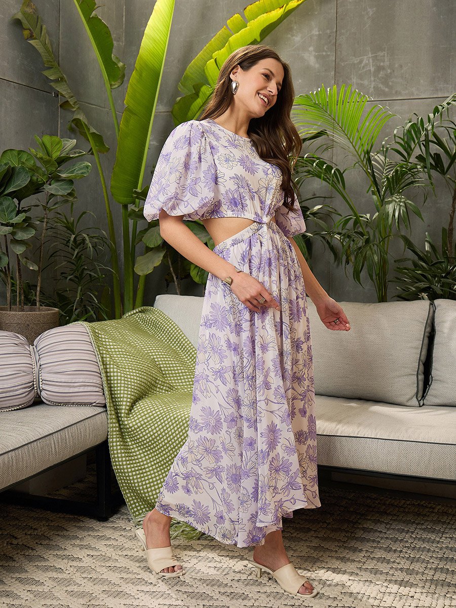 waist cut out maxi dress waist cut out maxi dress Women's Floral Maxi Dress With Cut-out Waist &  Ruffled Shoulders -