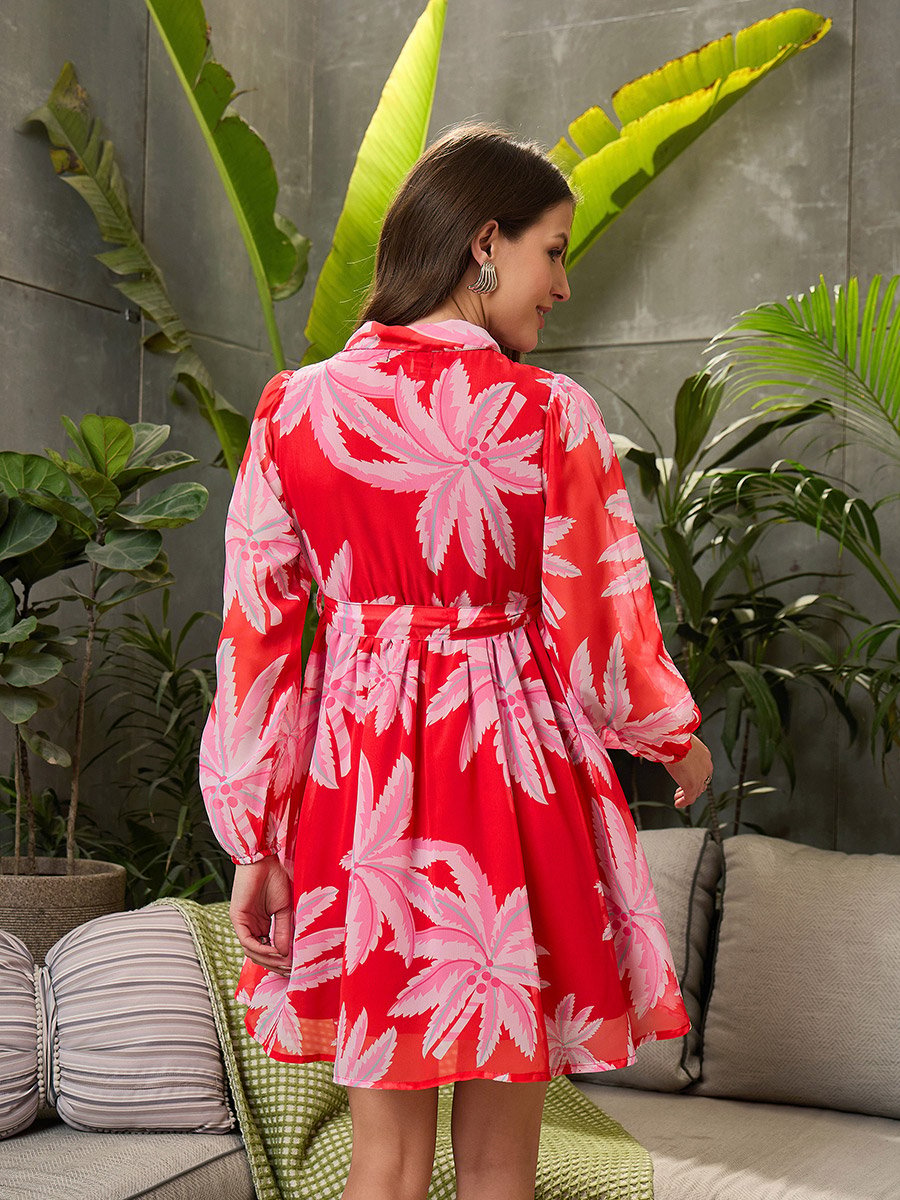 red palm leaf dress XIX-Palms Red Tropical Floral Wrap Maxi Dress V-Neck Cap Sleeve Tie Belt 2