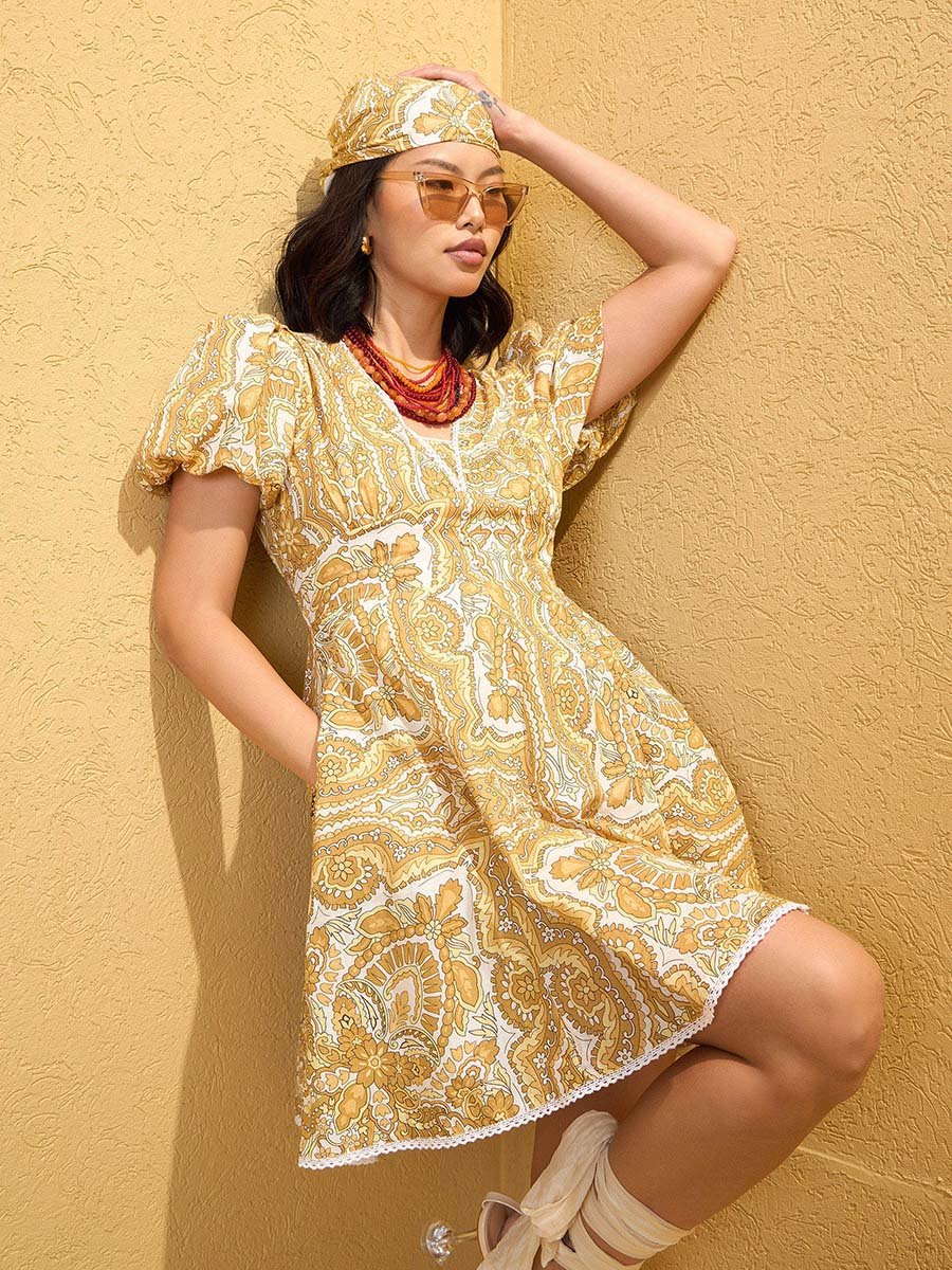 Yellow All Over Print Mini Dress