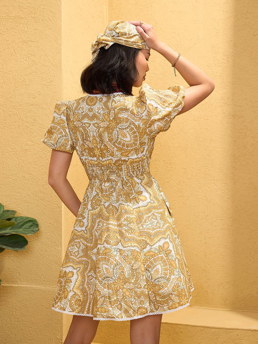 Yellow All Over Print Mini Dress