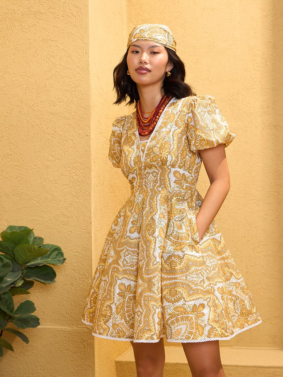 Yellow All Over Print Mini Dress