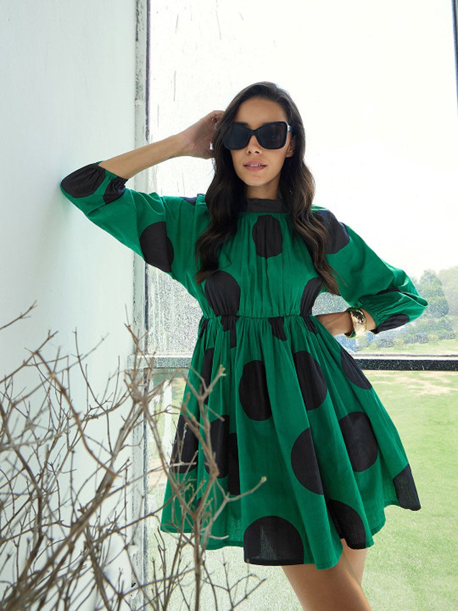 Green Back Tie-Up Polka Dot Dress
