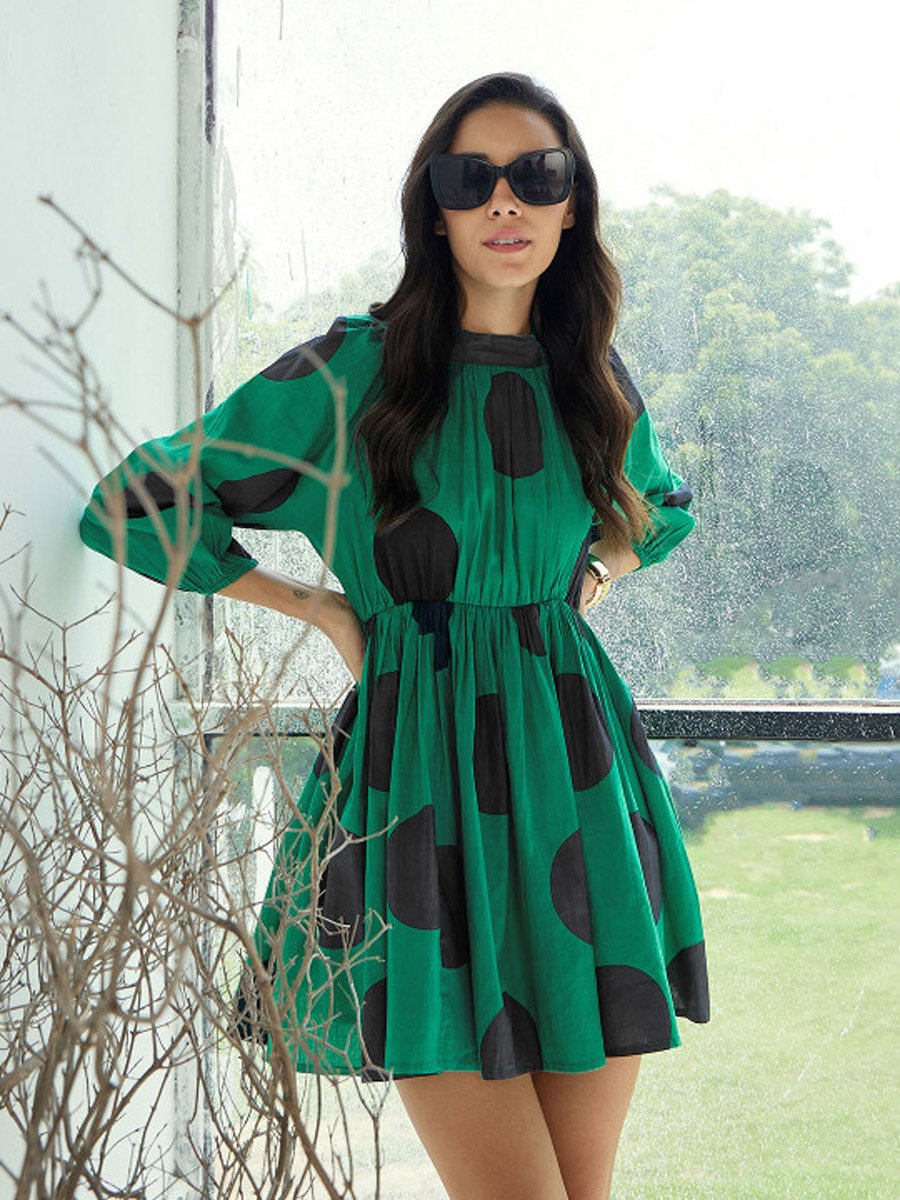 Green Back Tie-Up Polka Dot Dress