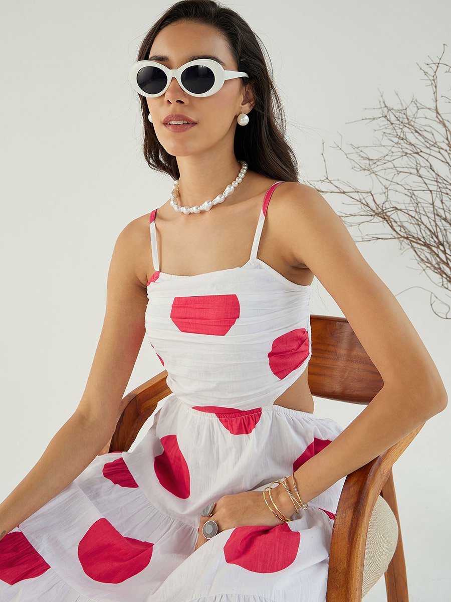 White Back Cut-Out Polka Dot Midi Dress