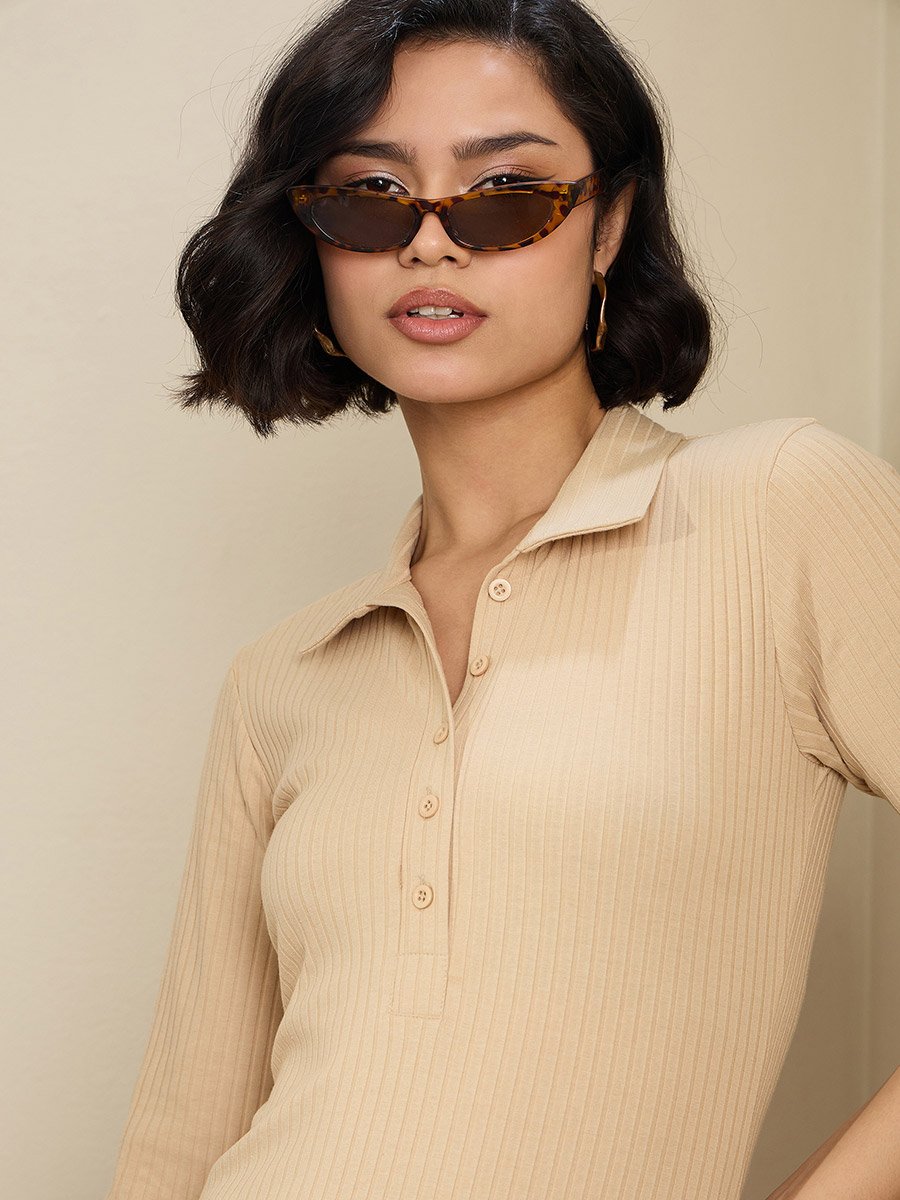 Beige Ribbed Polo Neck Midi Dress For Women at Kuwait | Styli Beige Ribbed Polo Neck Midi Dress For Women at Kuwait | Styli