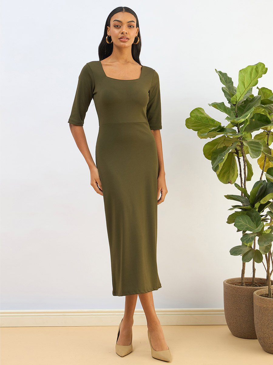 Olive Square Neck Knit Bodycon Midi Dress