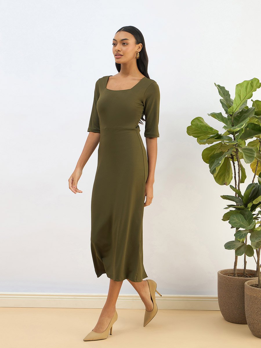 Olive Square Neck Knit Bodycon Midi Dress