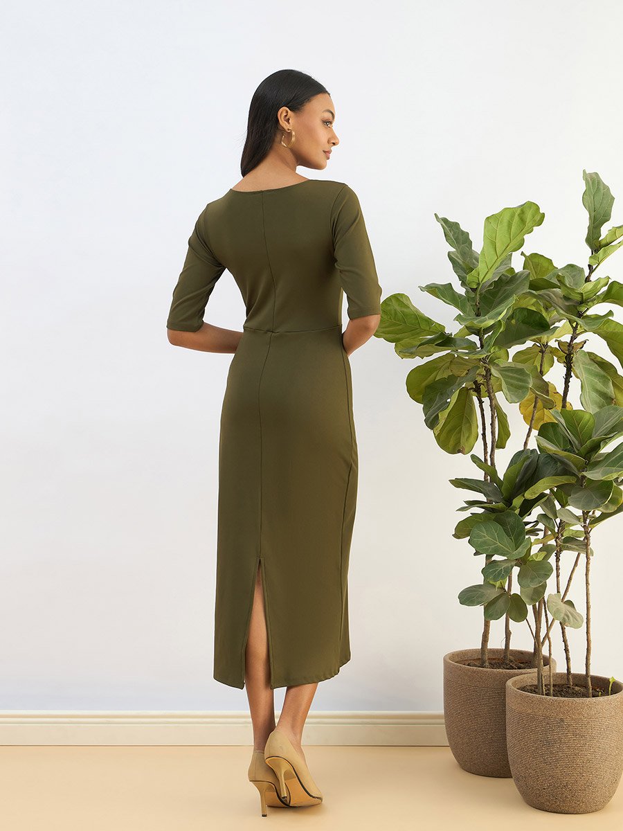 Olive Square Neck Knit Bodycon Midi Dress