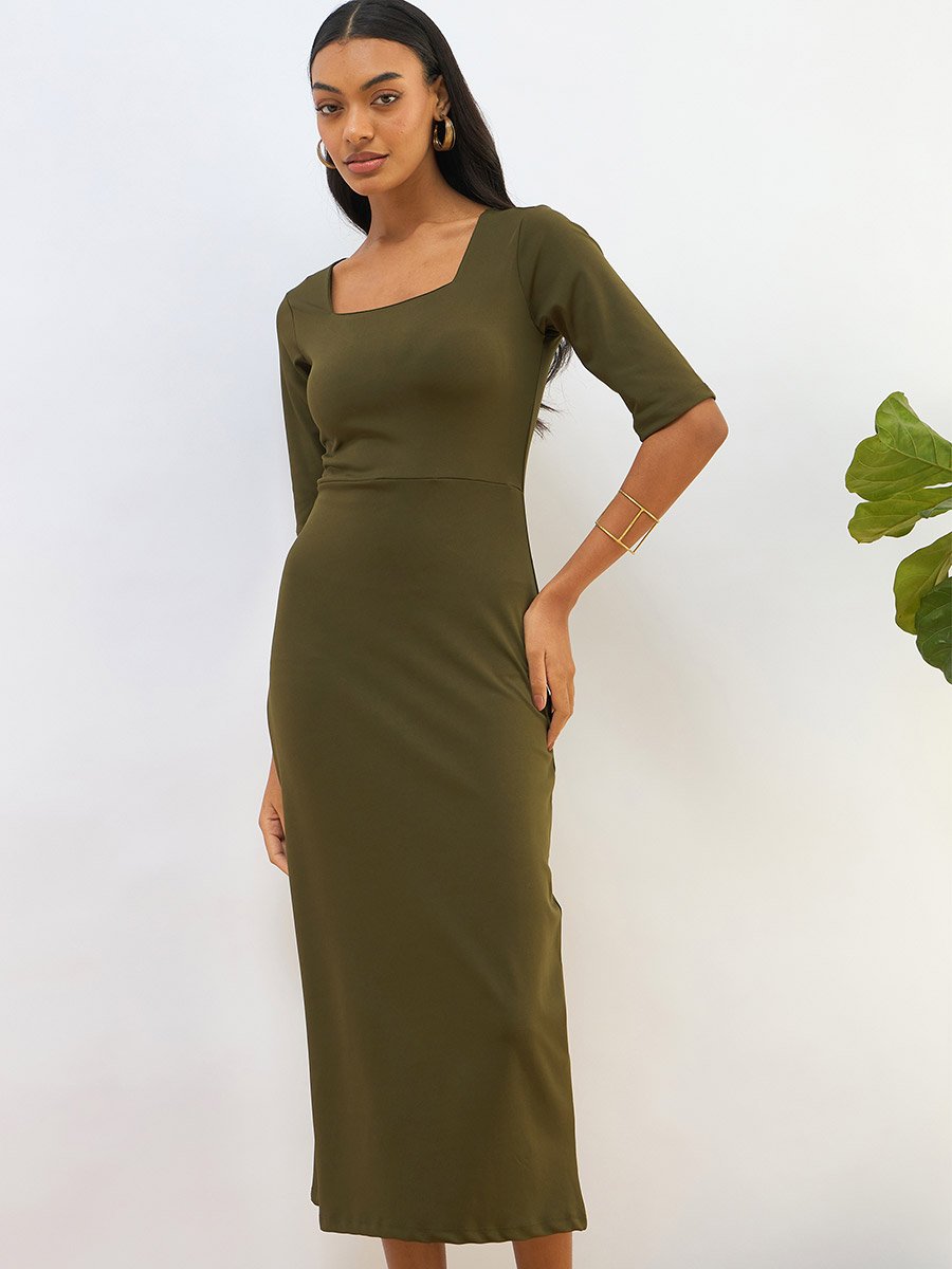 Olive Square Neck Knit Bodycon Midi Dress