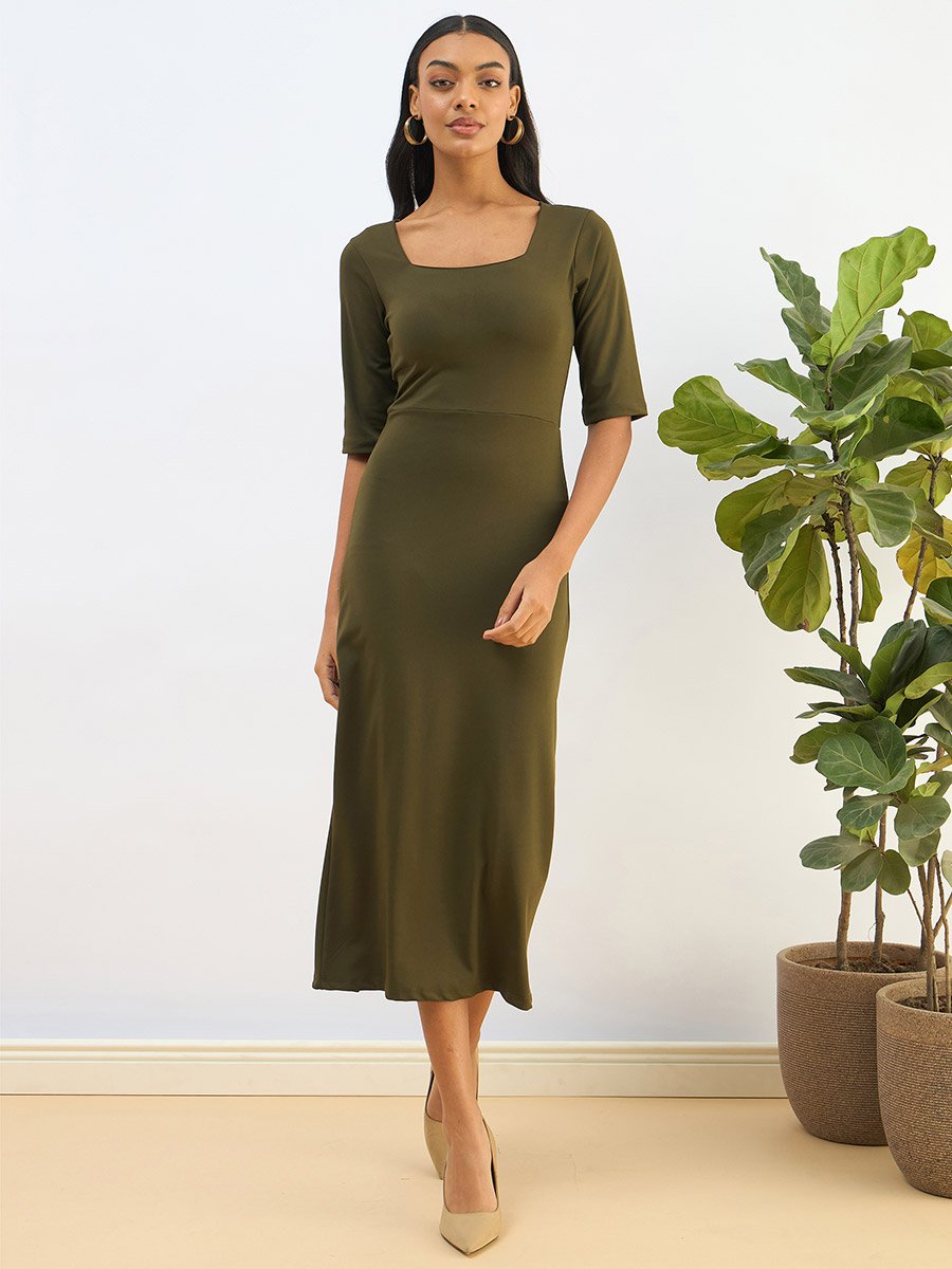 Olive Square Neck Knit Bodycon Midi Dress