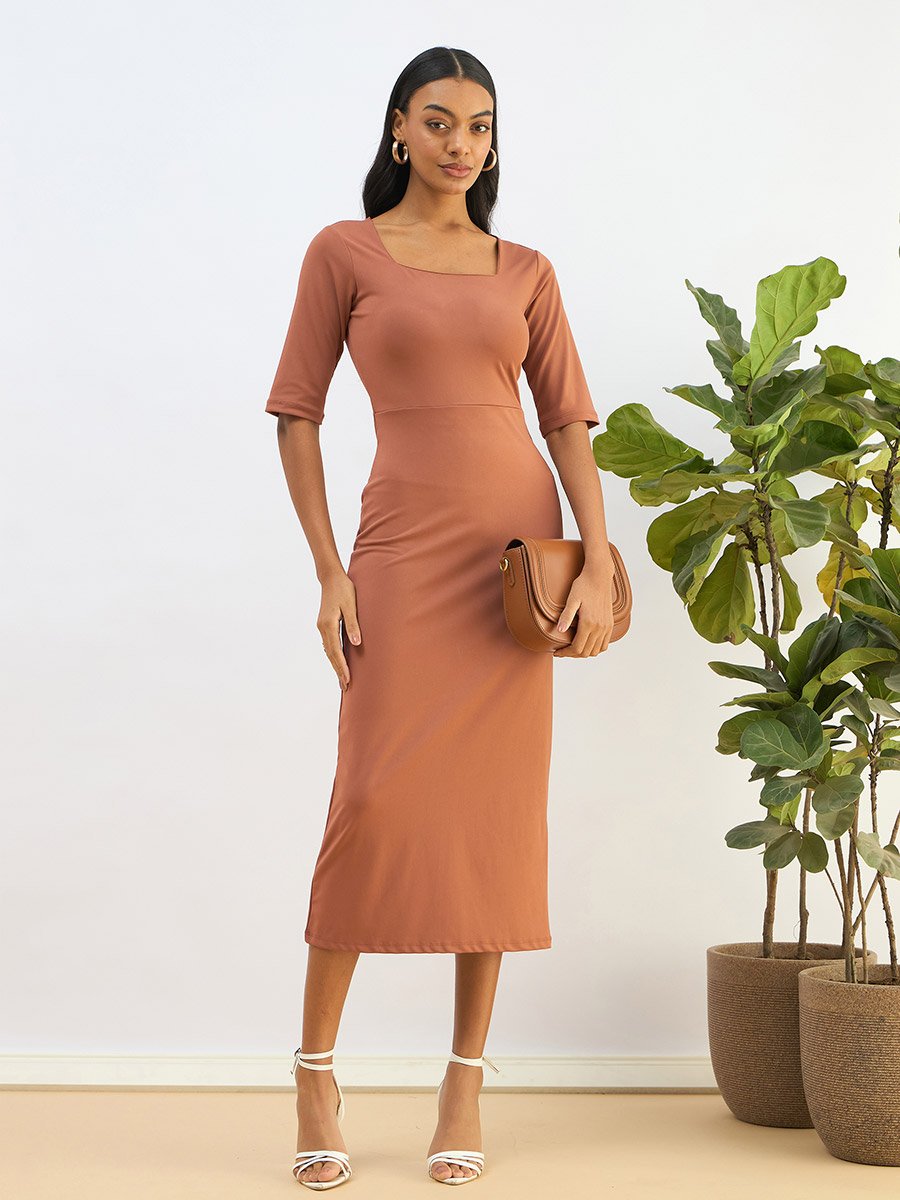 Rust Square Neck Knit Bodycon Midi Dress For Women at Kuwait | Styli