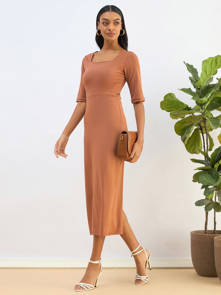 Rust Square Neck Knit Bodycon Midi Dress