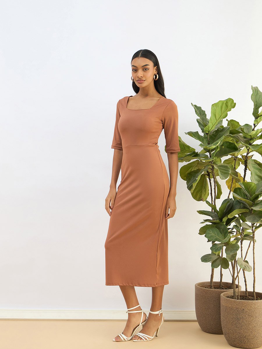 Rust Square Neck Knit Bodycon Midi Dress
