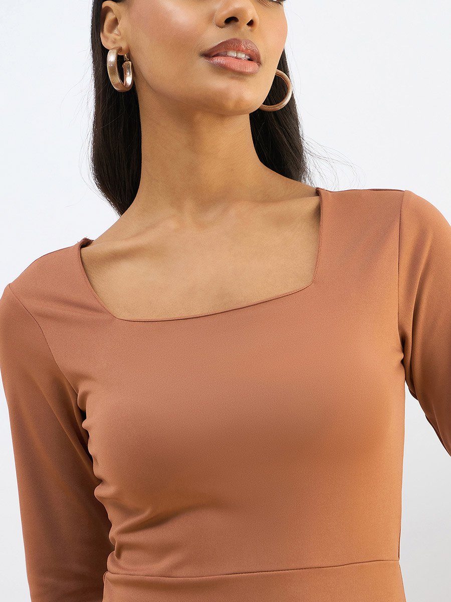 Rust Square Neck Knit Bodycon Midi Dress