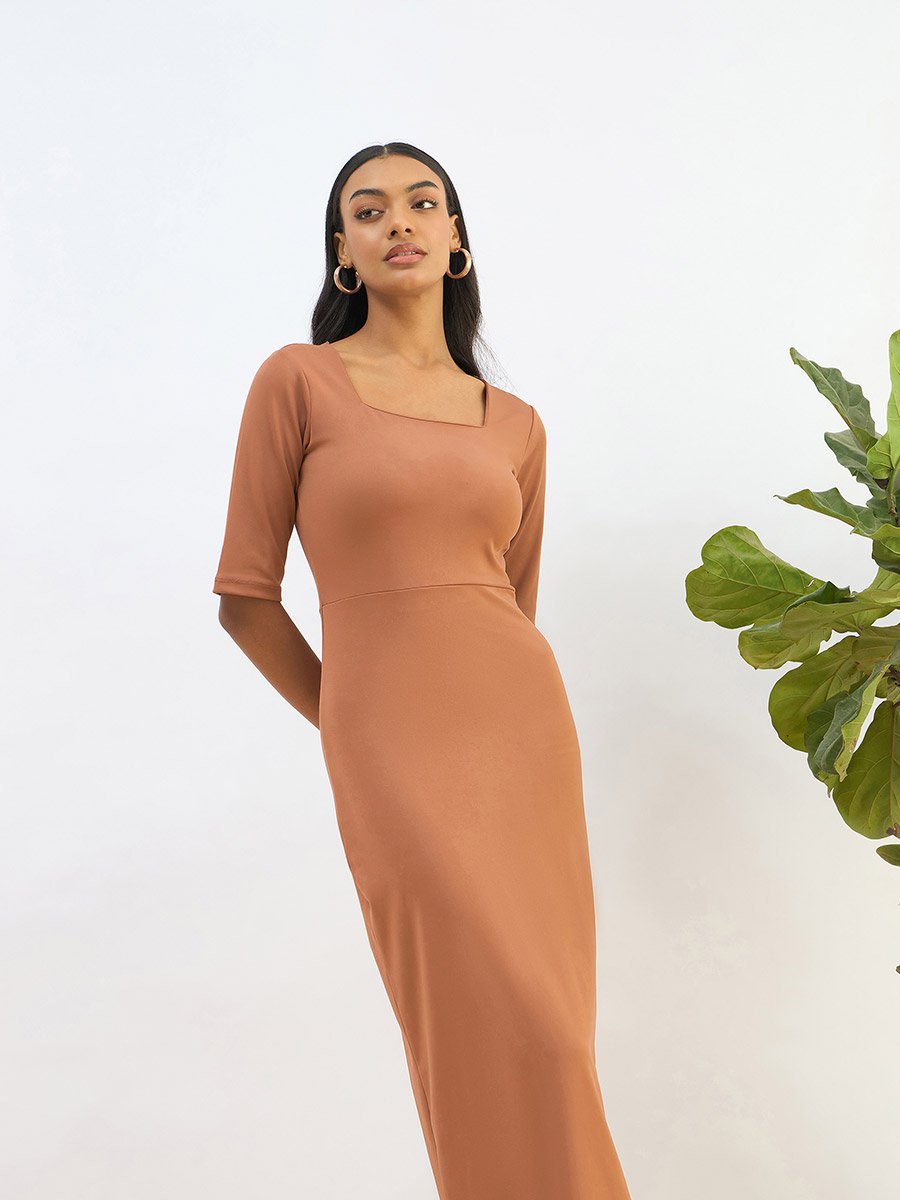 Rust Square Neck Knit Bodycon Midi Dress